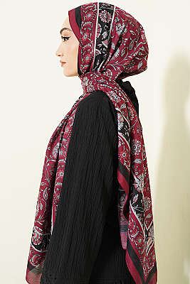 Çiçek Motifli Soft Şal Burgonya - Başörtüsü