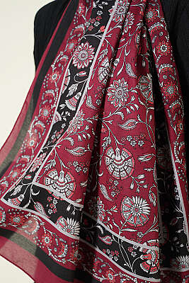 Çiçek Motifli Soft Şal Burgonya - Başörtüsü