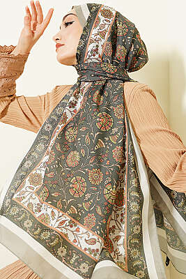 Çiçek Motifli Soft Şal Haki 