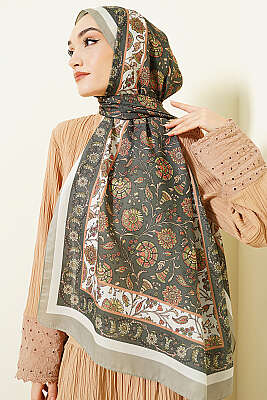 Çiçek Motifli Soft Şal Haki - Başörtüsü
