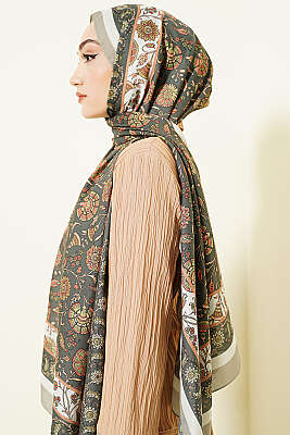 Çiçek Motifli Soft Şal Haki - Başörtüsü