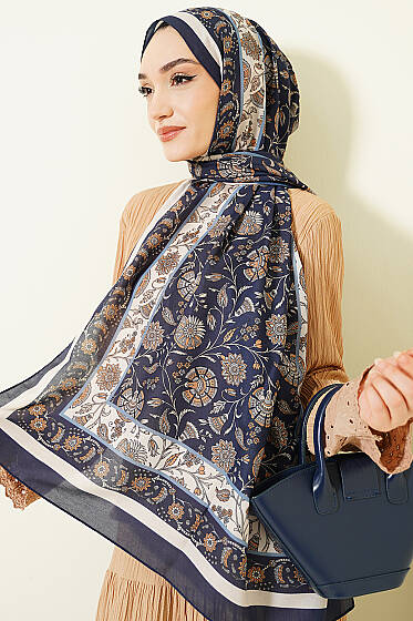 Çiçek Motifli Soft Şal Lacivert - Başörtüsü