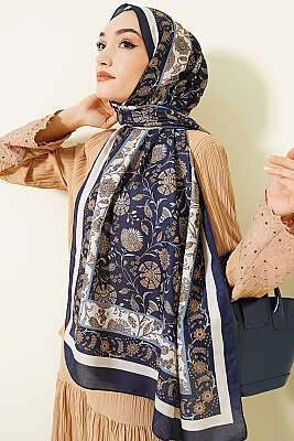 Çiçek Motifli Soft Şal Lacivert - Başörtüsü