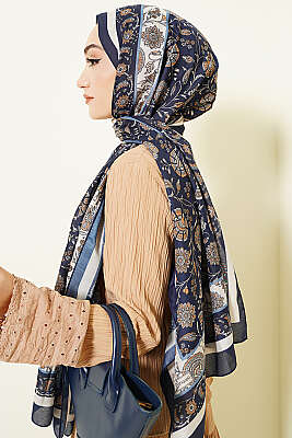 Çiçek Motifli Soft Şal Lacivert - Başörtüsü