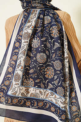 Çiçek Motifli Soft Şal Lacivert - Başörtüsü