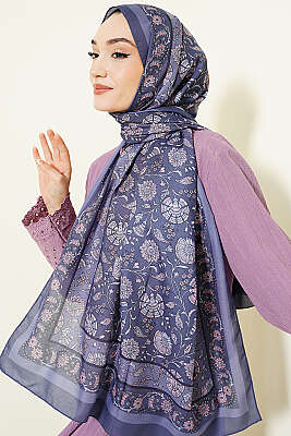 Çiçek Motifli Soft Şal Lila - Başörtüsü