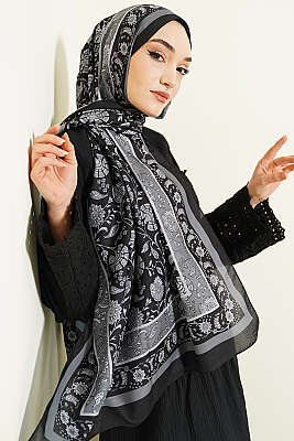 Çiçek Motifli Soft Şal Siyah 