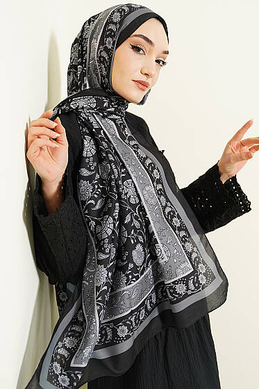 Çiçek Motifli Soft Şal Siyah - Başörtüsü