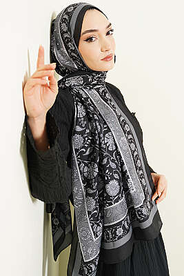 Çiçek Motifli Soft Şal Siyah - Başörtüsü