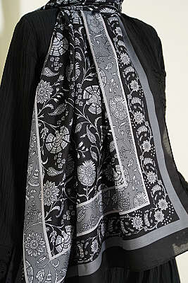 Çiçek Motifli Soft Şal Siyah - Başörtüsü