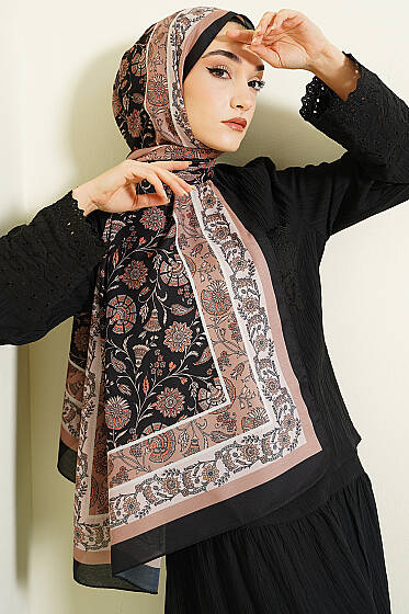 Çiçek Motifli Soft Şal Siyah Bej - Başörtüsü