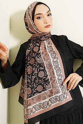 Çiçek Motifli Soft Şal Siyah Bej - Başörtüsü