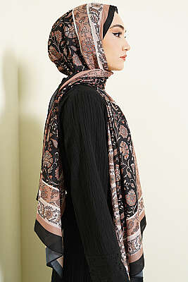 Çiçek Motifli Soft Şal Siyah Bej - Başörtüsü