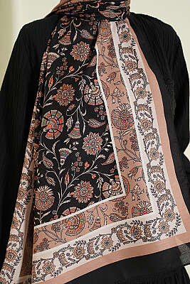 Çiçek Motifli Soft Şal Siyah Bej - Başörtüsü