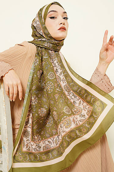 Çiçek Motifli Soft Şal Zeytin Yeşili - Başörtüsü