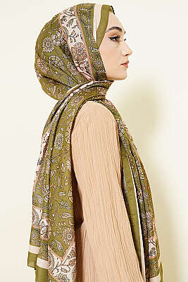 Çiçek Motifli Soft Şal Zeytin Yeşili - Başörtüsü