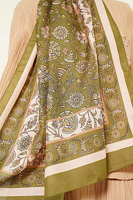 Çiçek Motifli Soft Şal Zeytin Yeşili - Başörtüsü