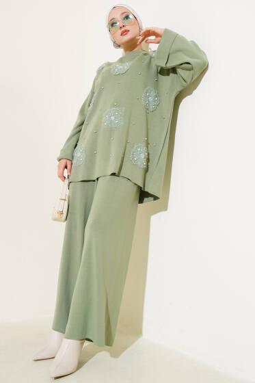 Çiçek Motifli Triko İkili Takım Çağla Yeşili - İkili Takım