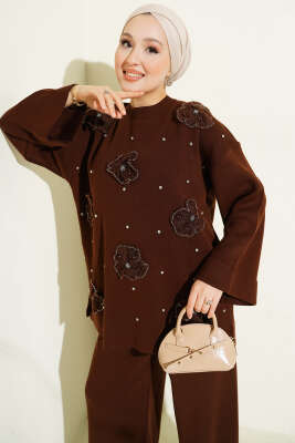 Çiçek Motifli Triko İkili Takım Kahve - İkili Takım