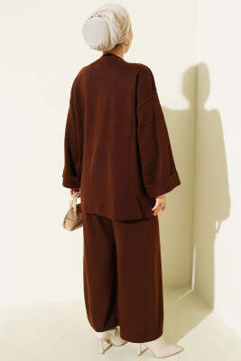 Çiçek Motifli Triko İkili Takım Kahve - İkili Takım