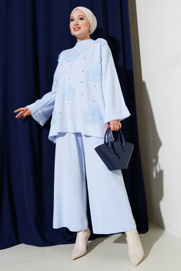 Çiçek Motifli Triko İkili Takım Mavi - İkili Takım