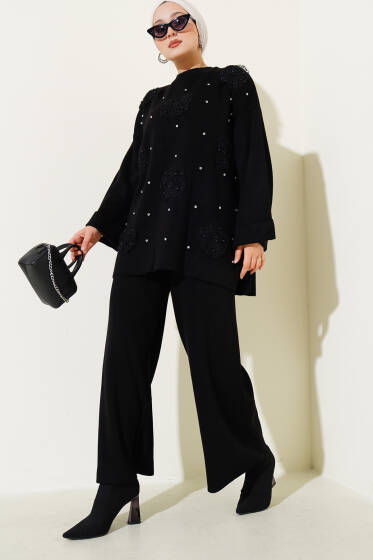 Çiçek Motifli Triko İkili Takım Siyah - İkili Takım