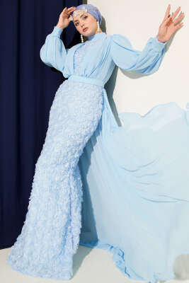 Çiçek Motifli Tül Pelerinli Abiye Elbise Bebe Mavi - CNR TEKSTİL