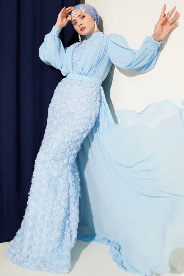 Çiçek Motifli Tül Pelerinli Abiye Elbise Bebe Mavi - Elbise