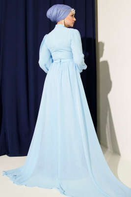 Çiçek Motifli Tül Pelerinli Abiye Elbise Bebe Mavi - Elbise