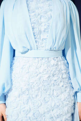 Çiçek Motifli Tül Pelerinli Abiye Elbise Bebe Mavi - Elbise