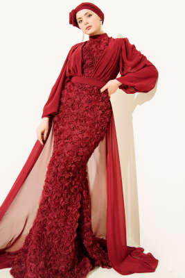 Çiçek Motifli Tül Pelerinli Abiye Elbise Bordo - Elbise