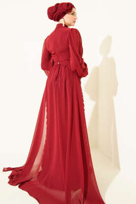 Çiçek Motifli Tül Pelerinli Abiye Elbise Bordo - Elbise