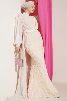 Çiçek Motifli Tül Pelerinli Abiye Elbise Krem - CNR TEKSTİL