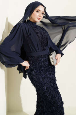 Çiçek Motifli Tül Pelerinli Abiye Elbise Lacivert - CNR TEKSTİL