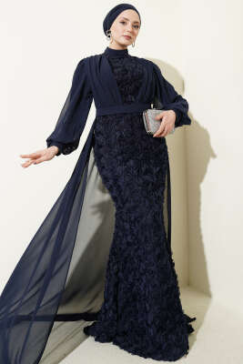 Çiçek Motifli Tül Pelerinli Abiye Elbise Lacivert - Elbise