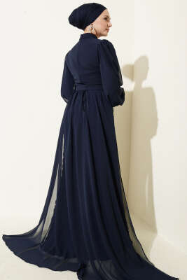 Çiçek Motifli Tül Pelerinli Abiye Elbise Lacivert - Elbise