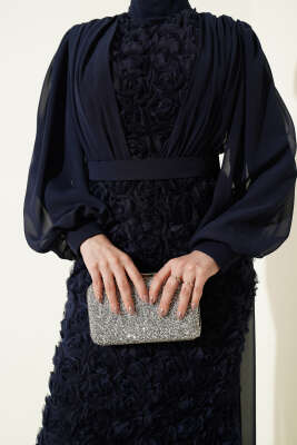 Çiçek Motifli Tül Pelerinli Abiye Elbise Lacivert - Elbise