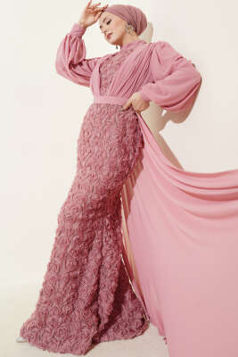 Çiçek Motifli Tül Pelerinli Abiye Elbise Pudra - CNR TEKSTİL