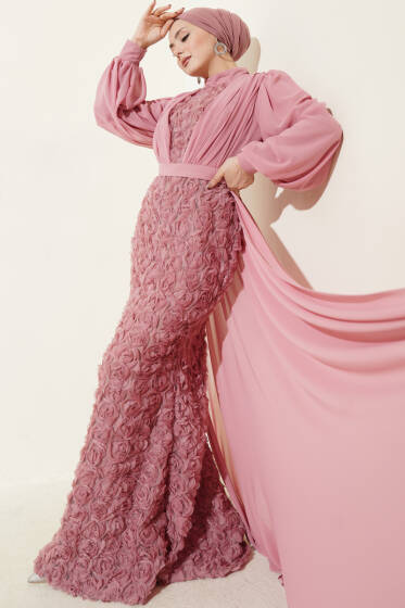 Çiçek Motifli Tül Pelerinli Abiye Elbise Pudra - Elbise