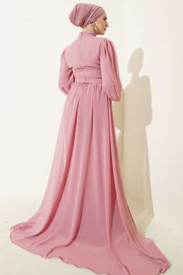 Çiçek Motifli Tül Pelerinli Abiye Elbise Pudra - Elbise