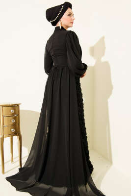 Çiçek Motifli Tül Pelerinli Abiye Elbise Siyah - Elbise