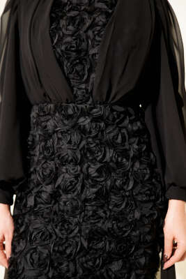 Çiçek Motifli Tül Pelerinli Abiye Elbise Siyah - Elbise