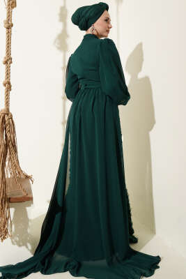 Çiçek Motifli Tül Pelerinli Abiye Elbise Zümrüt - Elbise