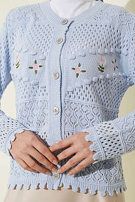 Çiçek Nakış Ajurlu Kısa Triko Hırka Bebe Mavi - Hırka