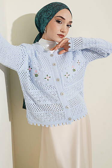 Çiçek Nakış Ajurlu Kısa Triko Hırka Bebe Mavi - Yılın Fırsatı