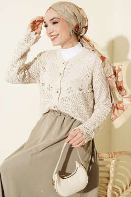 Çiçek Nakış Ajurlu Kısa Triko Hırka Bej - VANİZA TRİKO