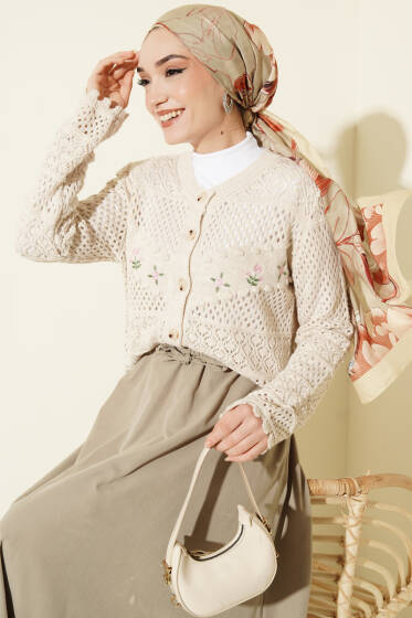 Çiçek Nakış Ajurlu Kısa Triko Hırka Bej - Hırka