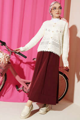 Çiçek Nakış Ajurlu Kısa Triko Hırka Ekru - Yılın Fırsatı