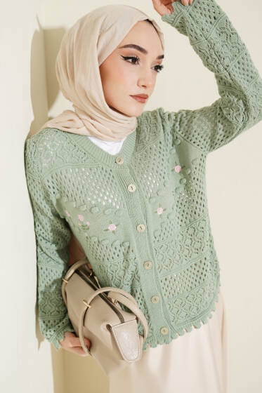 Çiçek Nakış Ajurlu Kısa Triko Hırka Mint - Hırka