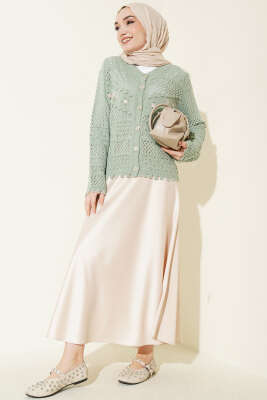 Çiçek Nakış Ajurlu Kısa Triko Hırka Mint - Hırka